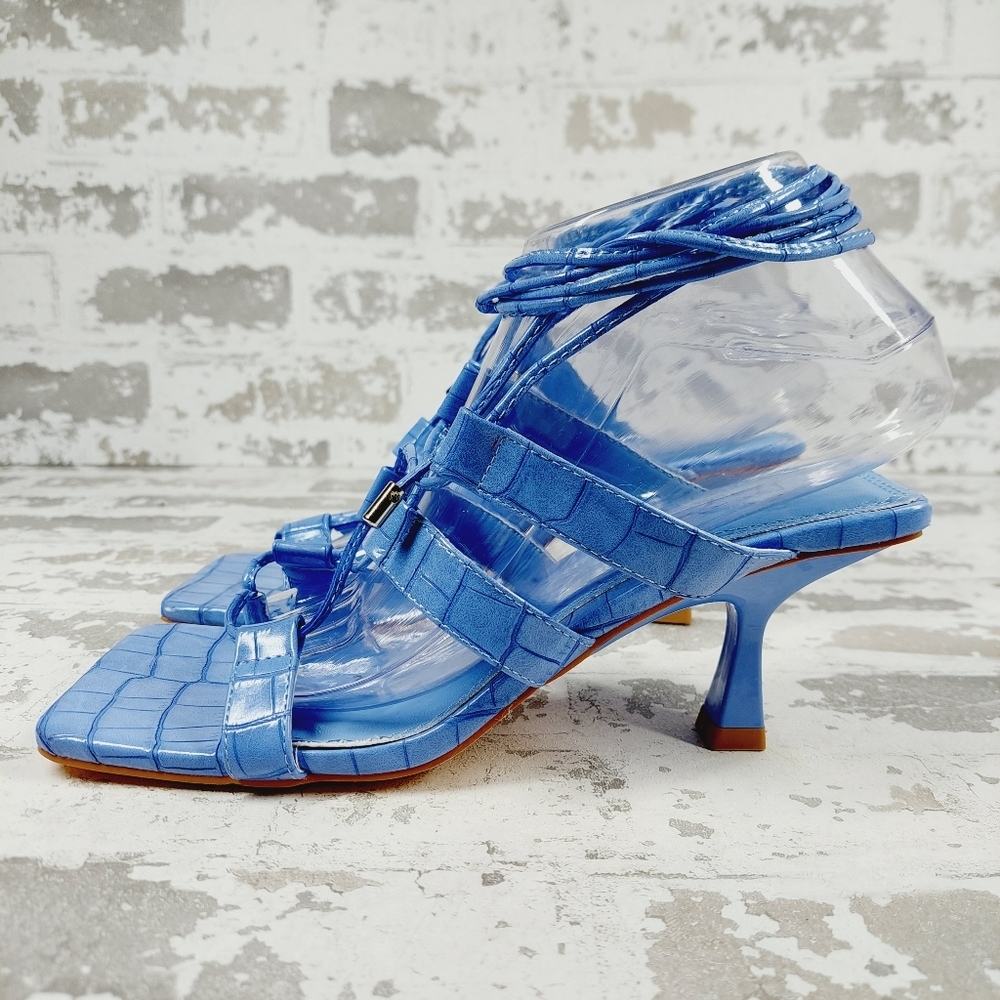 Topshop Nadine Gillie Blue Croc Embossed Lace Up Heeled Sandals B40